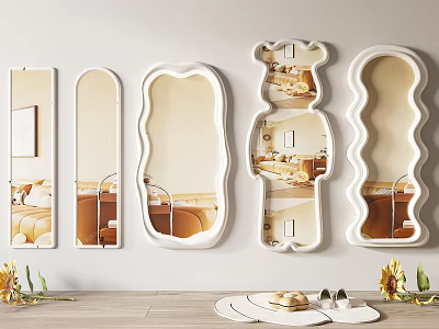 Different Shaped White Framed Mirrors Hanging On Wall With Sunflowers And Tableware 3d model