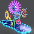 Colorful Neon Art Installation With Illuminated Flowers Green Stems And Blue Base