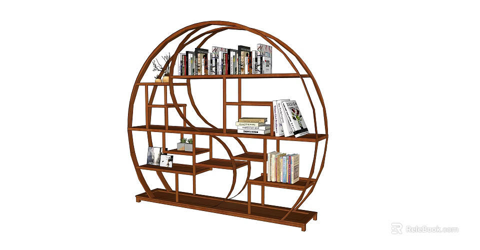 Wooden Circular Etagere with Multiple Shelves Holding Books and Decorative Items 3d model 