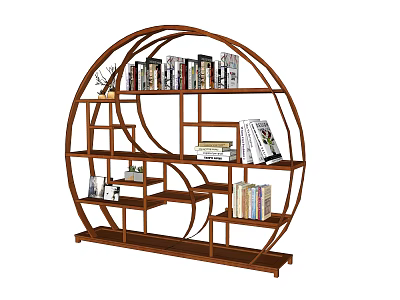 Wooden Circular Etagere with Multiple Shelves Holding Books and Decorative Items 3d model