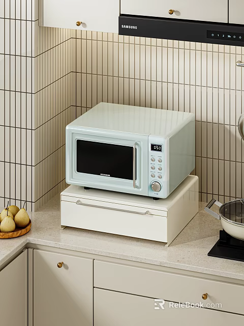 White Kitchen Sideboard with Light Blue Microwave Digital Display and Wooden Pear Plate 3d model 