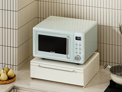 White Kitchen Sideboard with Light Blue Microwave Digital Display and Wooden Pear Plate 3d model