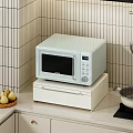 White Kitchen Sideboard with Light Blue Microwave Digital Display and Wooden Pear Plate