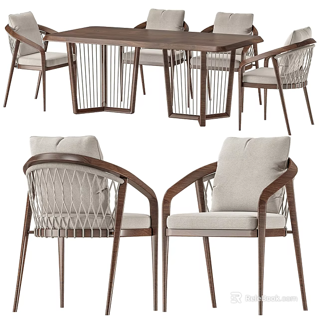Modern Wooden Dining Table Set With Rattan Back Chairs And Upholstered Seats 3d model 