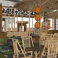 Traditional Courtyard Restaurant With Bamboo Structures Paper Lanterns And Wooden Furniture