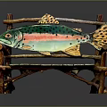Handcrafted Wooden Bench Featuring Colorful Trout Decoration Green Planks And Twig Armrests