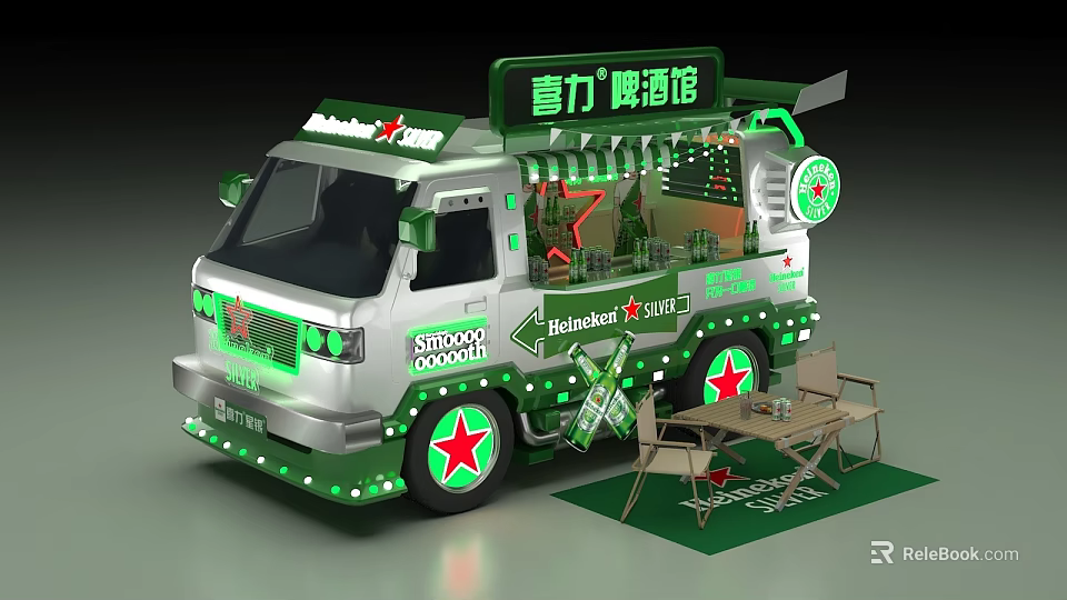 Heineken Mobile Beer Bar Truck Green White Design Red Star Wheels and Outdoor Tables Chairs 3d model 