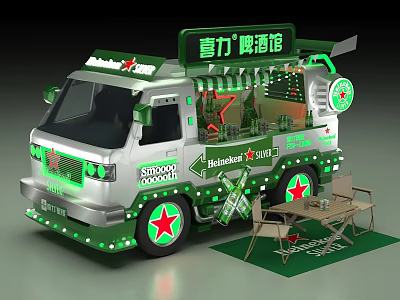 Heineken Mobile Beer Bar Truck Green White Design Red Star Wheels and Outdoor Tables Chairs 3d model