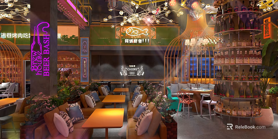 Elegant Modern Restaurant Interior With Chandeliers Sofa Seats And Green Plants 3d model 