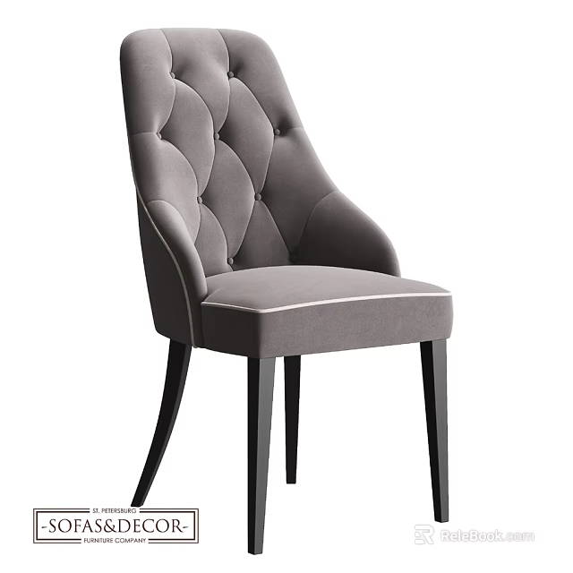 Gray Tufted Velvet Single Chair With Black Wooden Legs And Curved Backrest 3d model 