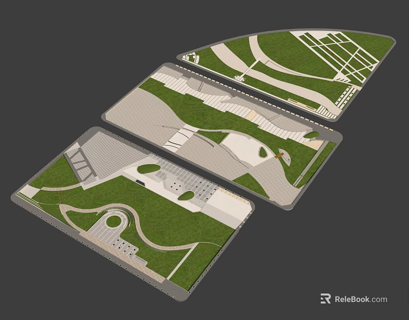 Park Landscape Design With Curved Paths Lush Green Lawns And Open Spaces Layout 3d model 