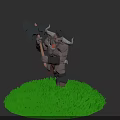Red Eyed Low Poly Horned Warrior Character Holding Axe Standing On Green Grass