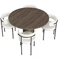 Modern Round Dining Table Set With Wooden Tabletop And White Upholstered Chairs With Black Metal Frames
