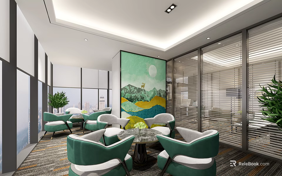 Modern Lounge Area With Green White Chairs Round Coffee Table Abstract Landscape Painting Large Windows 3d model 