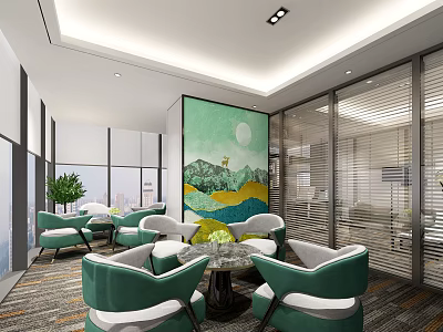 Modern Lounge Area With Green White Chairs Round Coffee Table Abstract Landscape Painting Large Windows 3d model
