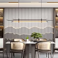 Modern Restaurant Interior With Wavy Wall Wine Cabinets Dining Table And Pendant Lights