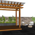 Rooftop Garden With Wooden Pergola Transparent Roof Green Plants Stone Wall And Outdoor Furniture