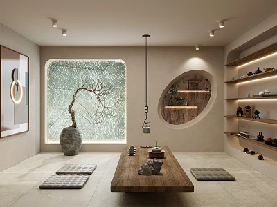 Serene Traditional Tea Room Interior With Large Glass Window Stone Vase Branch Wooden Table And Mats 3d model