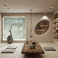 Serene Traditional Tea Room Interior With Large Glass Window Stone Vase Branch Wooden Table And Mats