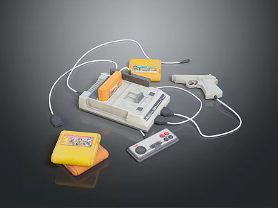 Retro Game Console With Game Cartridges Controller Light Gun And Connected Wires 3d model
