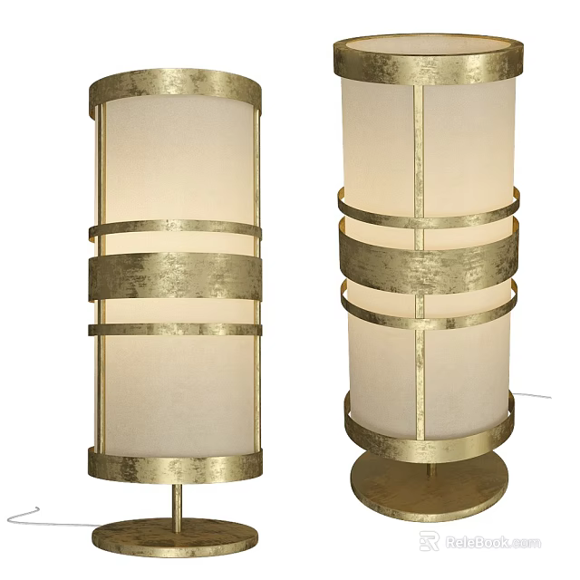 Elegant Modern Table Lamps With Golden Metal Bands And White Linen Shade 3d model 
