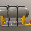 Gray Industrial Storage Tank With Black Pipes On Yellow Frame And Red Control Cabinet