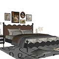 Cozy Double Bed With Decorative Paintings Bedside Table Pendant Light And Rug