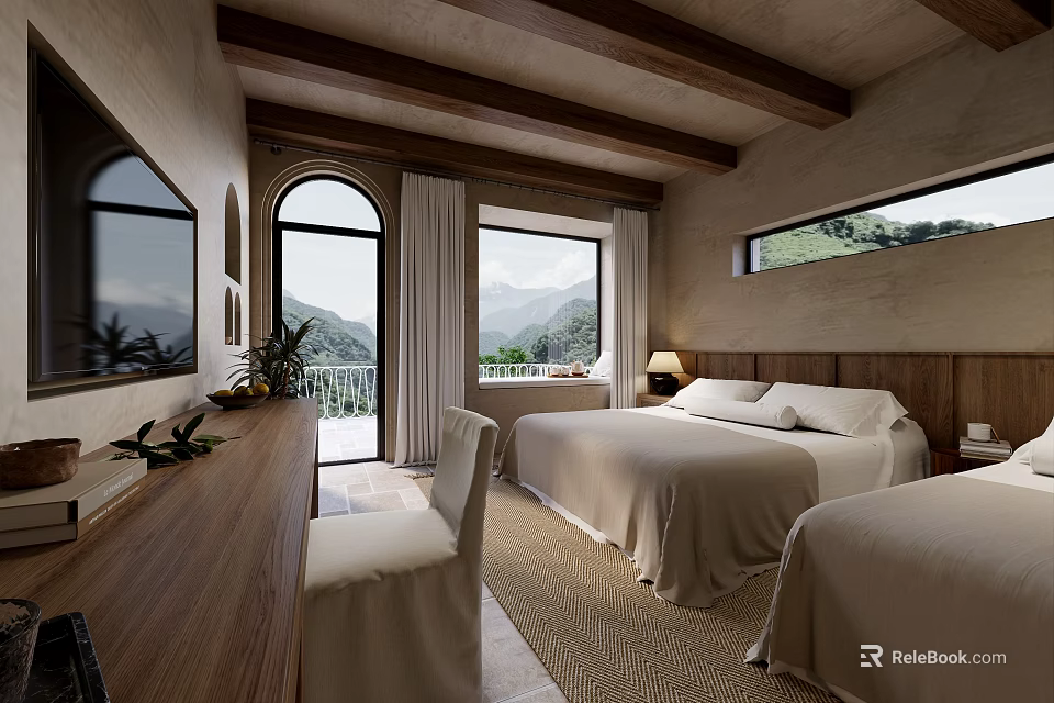 Hotel Guest Room With Wooden Ceiling Beams Double Beds And Mountain View Windows 3d model 