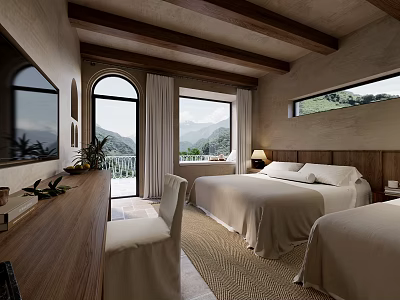 Hotel Guest Room With Wooden Ceiling Beams Double Beds And Mountain View Windows 3d model