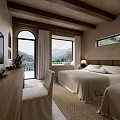 Hotel Guest Room With Wooden Ceiling Beams Double Beds And Mountain View Windows