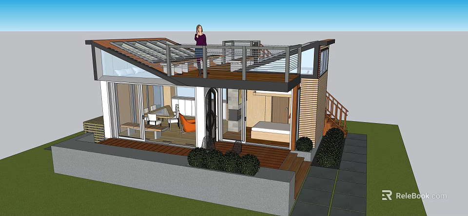 Modern Vacation Rental Building With Glass Roof Wooden Deck And Greenery 3d model 