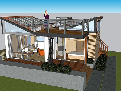 Modern Vacation Rental Building With Glass Roof Wooden Deck And Greenery 3d model