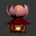 Cartoon Scene Featuring Red Traditional Pavilion With Pink Lotus Top And Hanging Lanterns