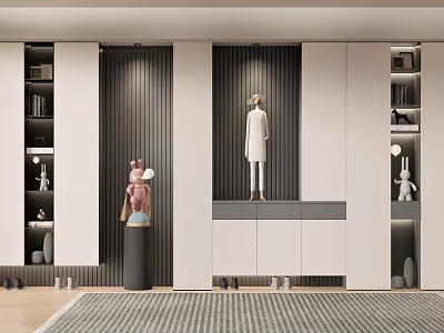 Modern Shoe Cabinet Interior Design With White Gray Finish Mannequin And Decorative Lighting 3d model