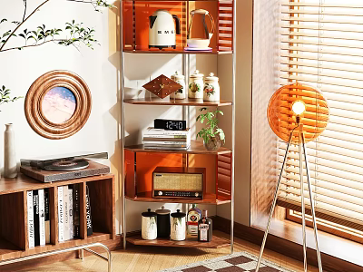 Stylish Multi Tiered Shelving Unit With Decorative Plants Books And Ornaments In Living Room 3d model