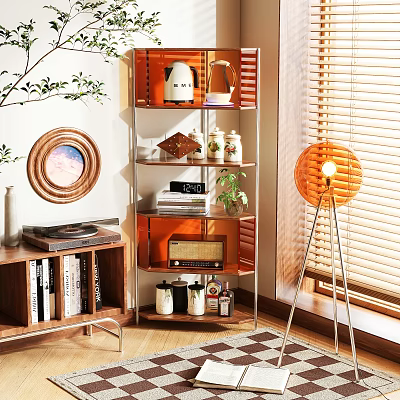 Stylish Multi Tiered Shelving Unit With Decorative Plants Books And Ornaments In Living Room 3d model