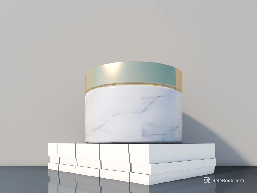 Minimalist Decorative Ornament Set with White Marble Container and Golden Lid on White Block Base 3d model 