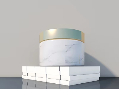Minimalist Decorative Ornament Set with White Marble Container and Golden Lid on White Block Base 3d model