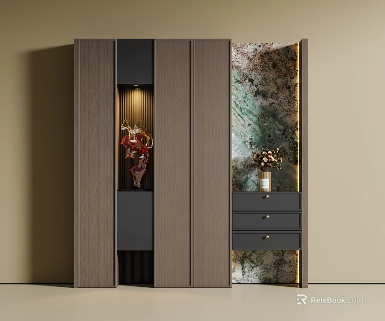Modern Luxury Wood Grain Shoe Cabinet With Embedded Lighting And Side Storage Drawers 3d model 