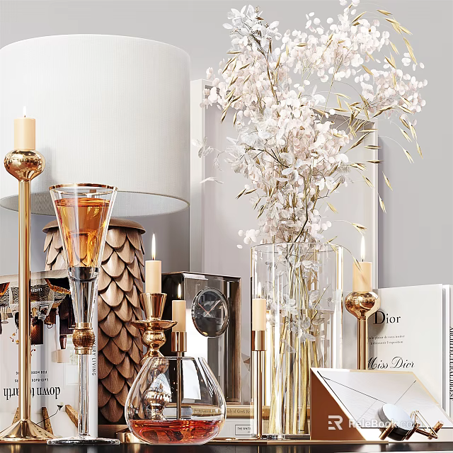 Elegant Modern Decorative Ornament Set With Gold Candles Glass Vases And White Flowers 3d model 