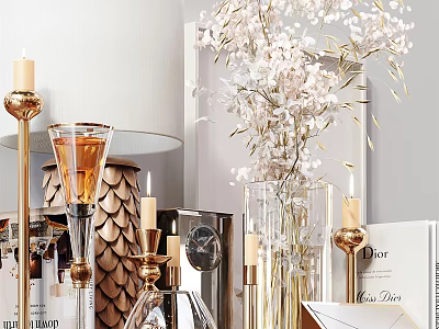 Elegant Modern Decorative Ornament Set With Gold Candles Glass Vases And White Flowers 3d model