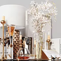 Elegant Modern Decorative Ornament Set With Gold Candles Glass Vases And White Flowers