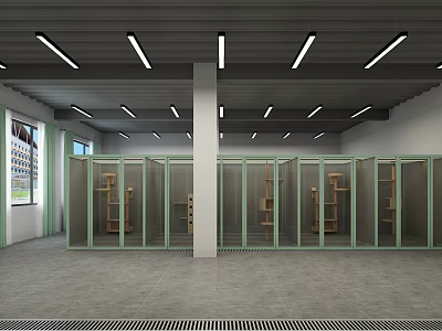 Spacious Storage Locker Room With Green Glass Doors Ceiling Lights Gray Floor 3d model