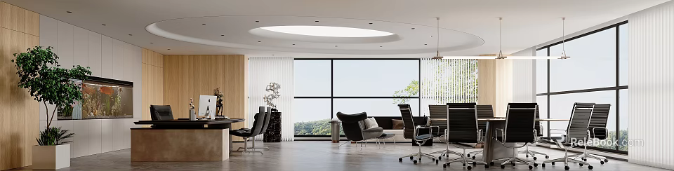 Modern Office Interior With Large Windows Sofa Desk And Ergonomic Office Chairs 3d model 