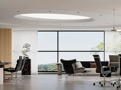 Modern Office Interior With Large Windows Sofa Desk And Ergonomic Office Chairs 3d model