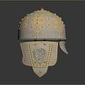 Vintage Ornate Metallic Helmet With Colorful Gemstones And Carved Details