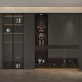 Modern Sleek Gray Shoe Cabinet With Display Shelves Decorative Robot Figurine And Marble Countertop