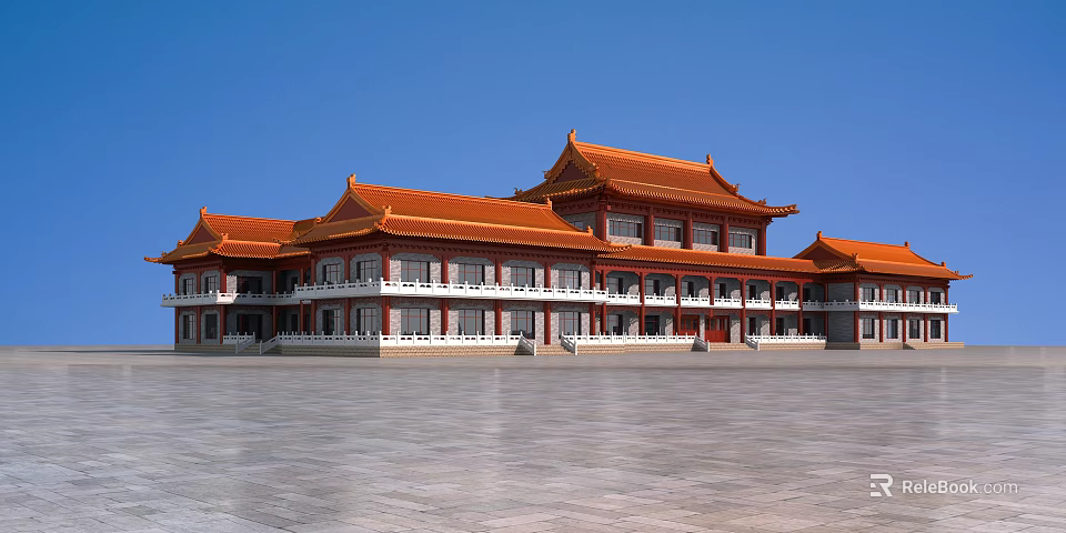 Ancient Architecture Traditional Design With Orange Roof Overhanging Eaves Red Pillars And White Railings 3d model 
