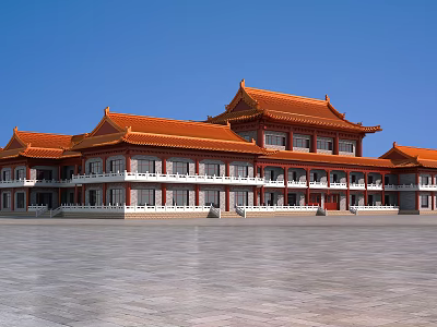 Ancient Architecture Traditional Design With Orange Roof Overhanging Eaves Red Pillars And White Railings 3d model