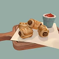 Delicious Sausage Rolls Served on Wooden Tray with White Paper and Ketchup